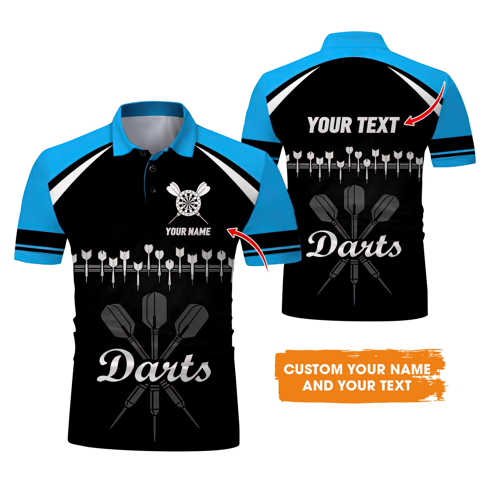 Customized Name & Text Darts Polo Shirt, Personalized Darts Team Blue Polo Shirt - Perfect Gift For Darts Lovers