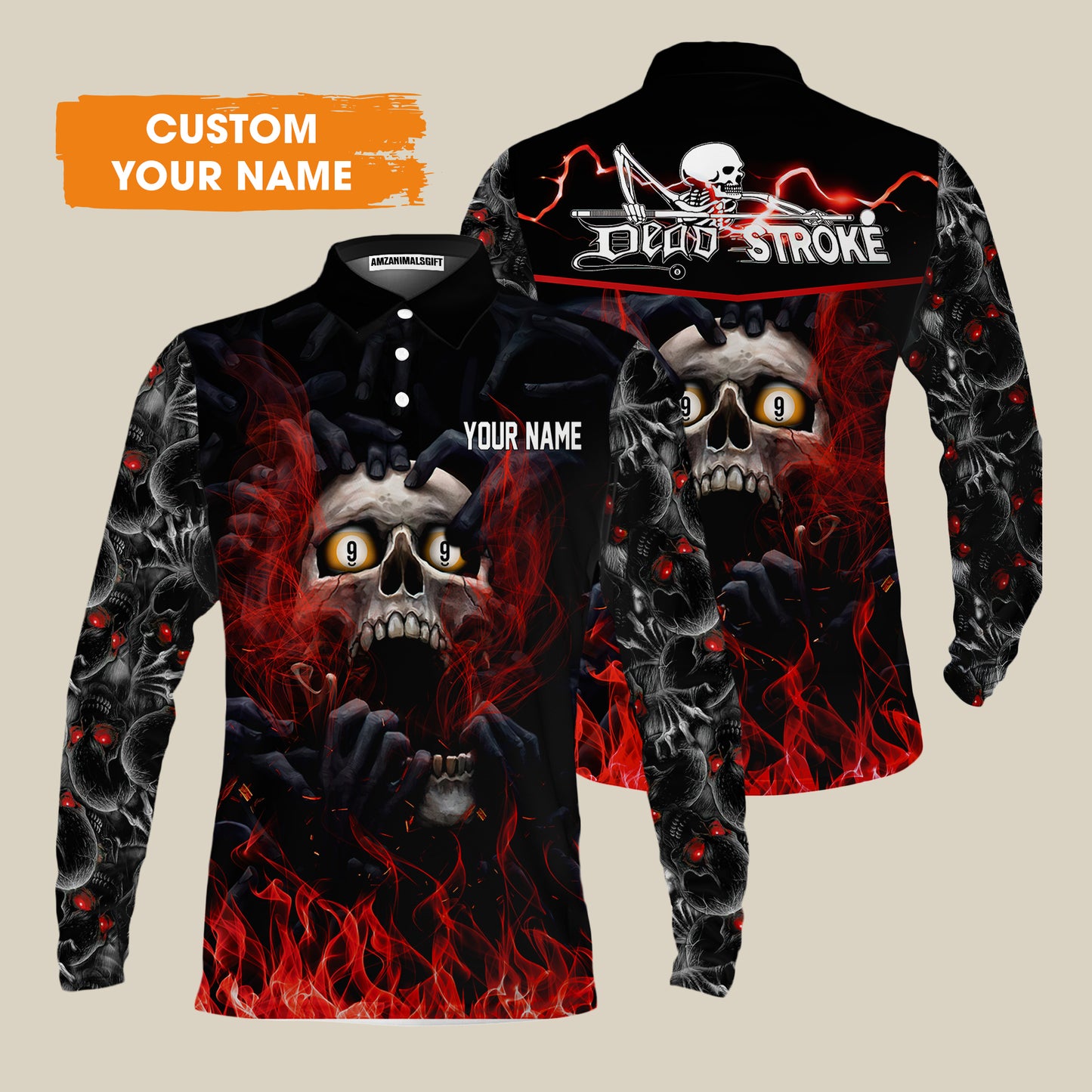 Customized Name Billiard Men's Long Sleeve Polo Shirt, Dead Stroke Pool 9 Ball Skull On Fire Men's Long Sleeve Polo Shirt - Gift For Billiard Players