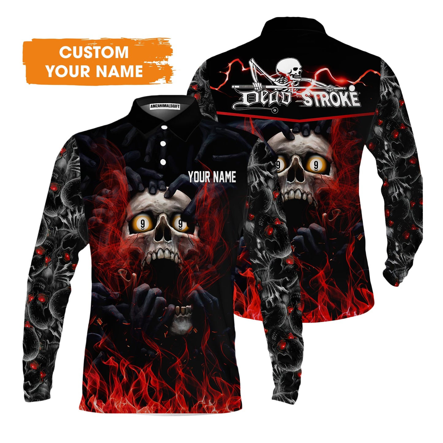 Customized Name Billiard Men's Long Sleeve Polo Shirt, Dead Stroke Pool 9 Ball Skull On Fire Men's Long Sleeve Polo Shirt - Gift For Billiard Players