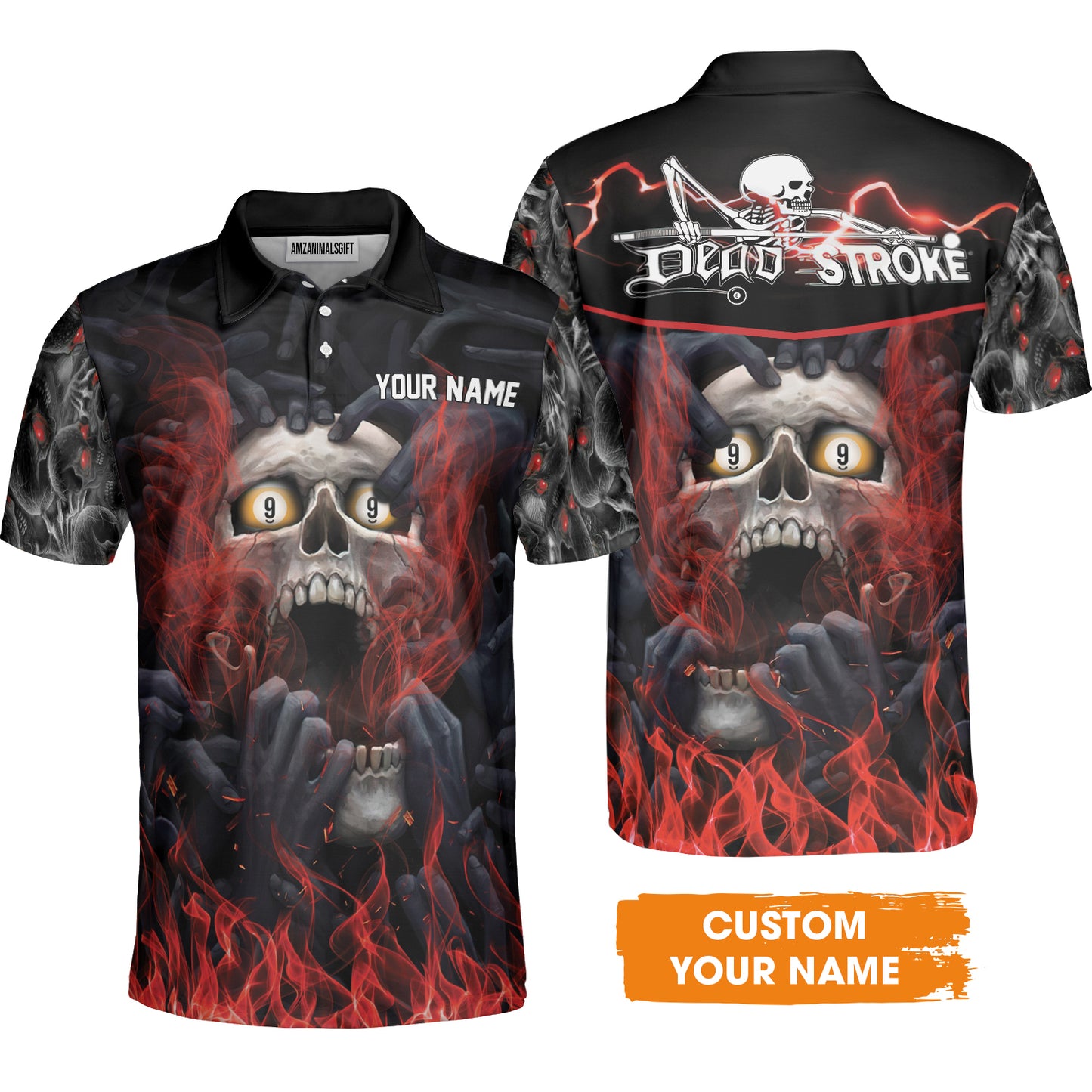 Customized Name Billiard Men Polo Shirt, Dead Stroke Pool 9 Ball Skull On Fire Personalized Polo Shirt - Gift For Billiard Players