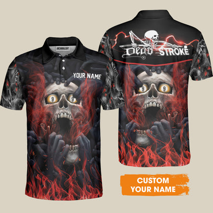 Customized Name Billiard Men Polo Shirt, Dead Stroke Pool 9 Ball Skull On Fire Personalized Polo Shirt - Gift For Billiard Players