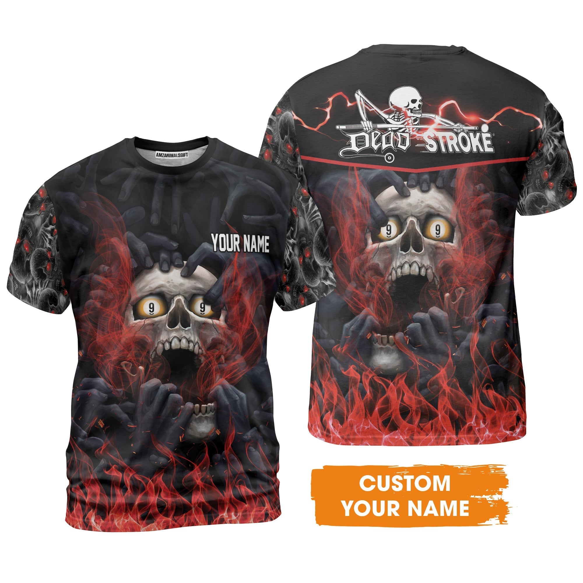 Customized Name Billiard T-Shirt, Dead Stroke Pool 9 Ball Skull On Fire T-Shirt - Gift For Billiard Players