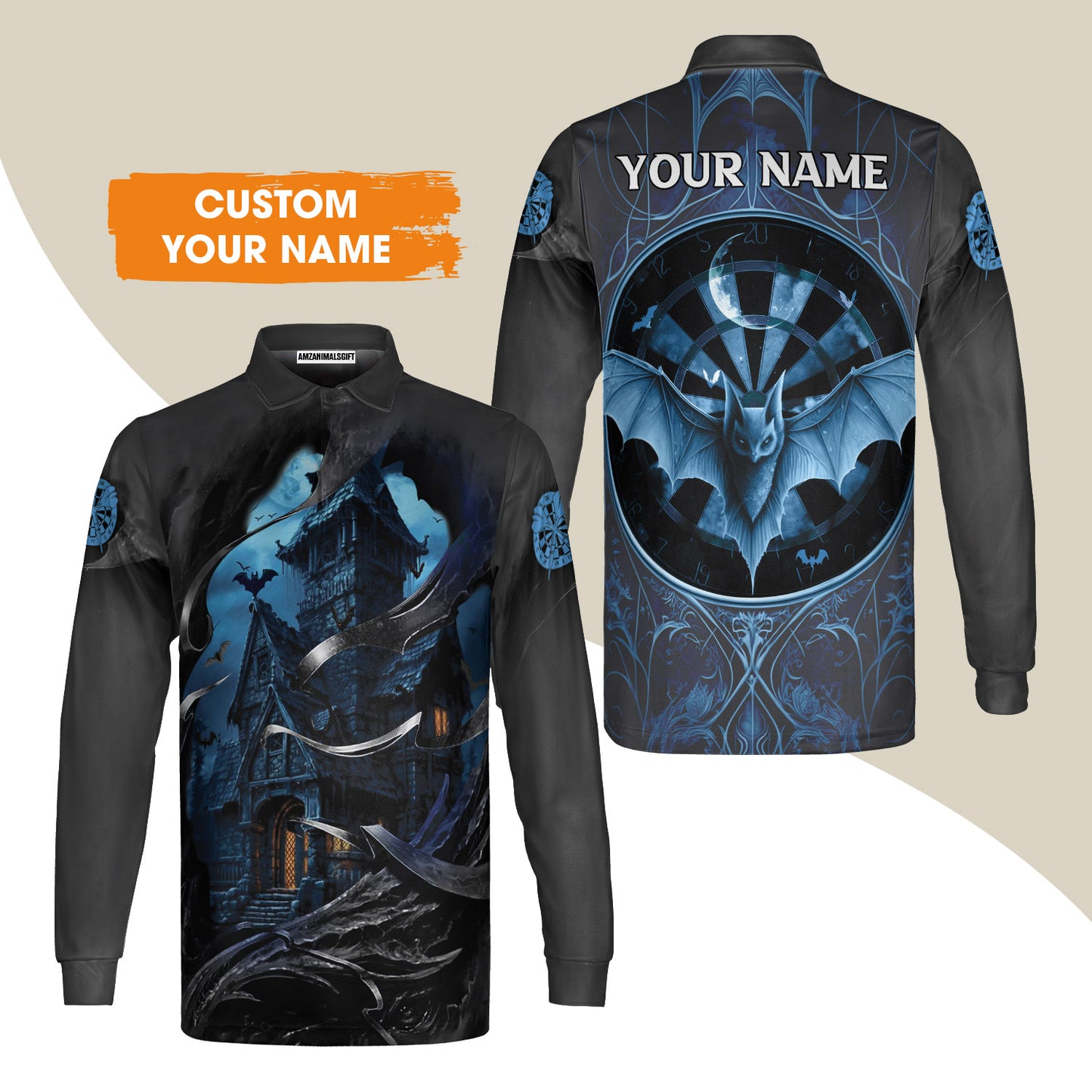 Darts Men's Long Sleeve Polo Shirt Customized Name, Castle & Bats With Dartboard Long Sleeve Polo Shirt- Gift For Darts Players Uniforms, Darts Lovers