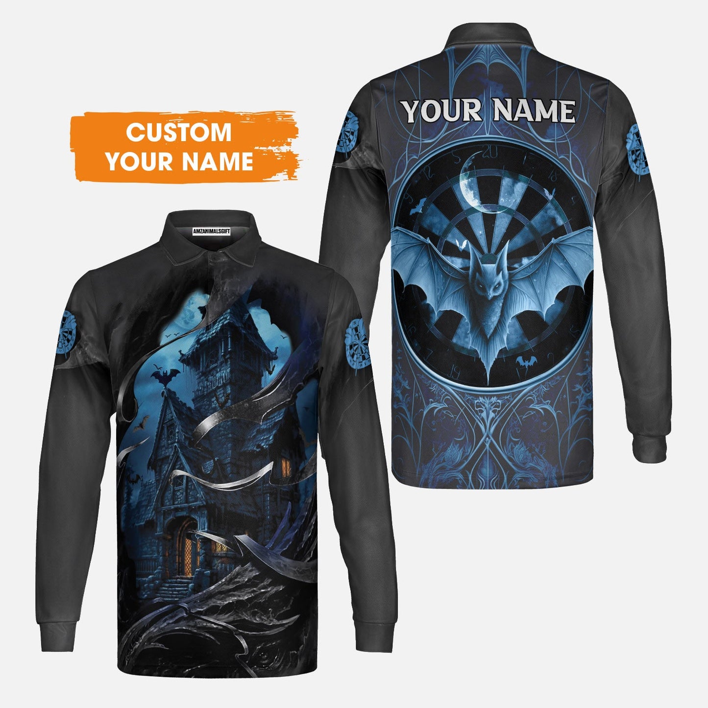 Darts Men's Long Sleeve Polo Shirt Customized Name, Castle & Bats With Dartboard Long Sleeve Polo Shirt- Gift For Darts Players Uniforms, Darts Lovers