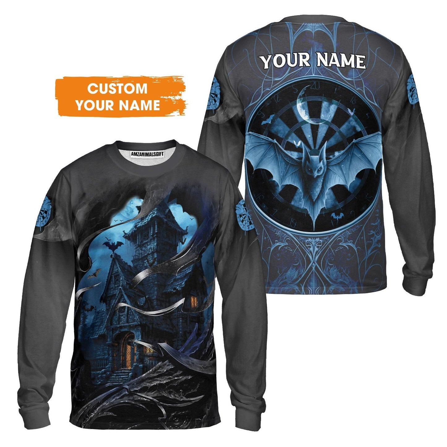 Darts T-Shirt Customized Name, Castle & Bats With Dartboard T-Shirt- Gift For Darts Players Uniforms, Darts Lovers