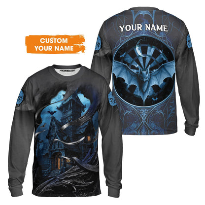 Darts T-Shirt Customized Name, Castle & Bats With Dartboard T-Shirt- Gift For Darts Players Uniforms, Darts Lovers