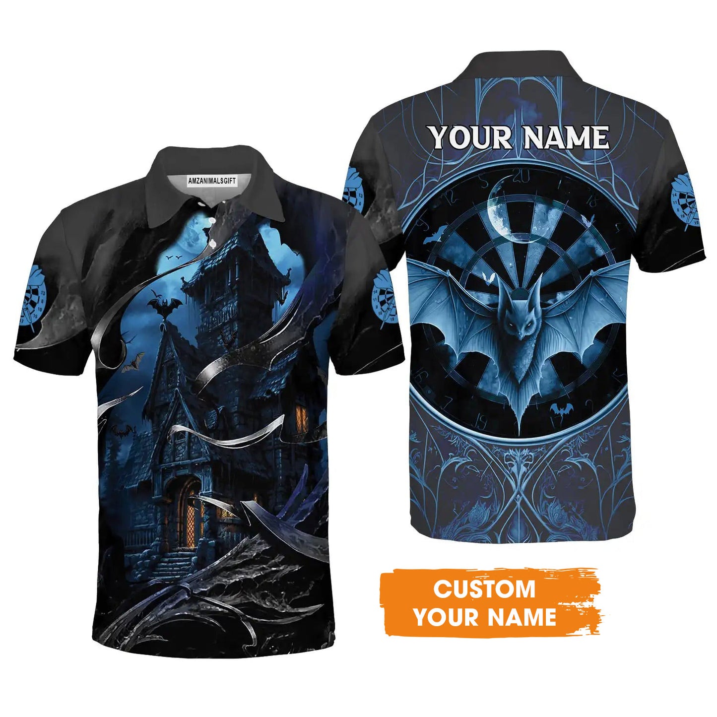 Darts Men Polo Shirt Customized Name, Castle And Bats With Dartboard Polo Shirt - Gift For Darts Players Uniforms, Darts Lovers