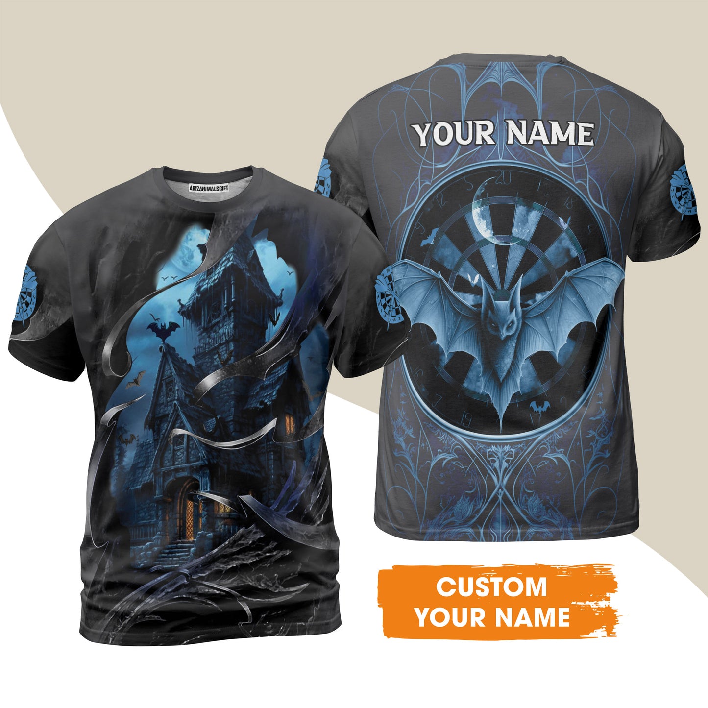 Darts T-Shirt Customized Name, Castle & Bats With Dartboard T-Shirt- Gift For Darts Players Uniforms, Darts Lovers