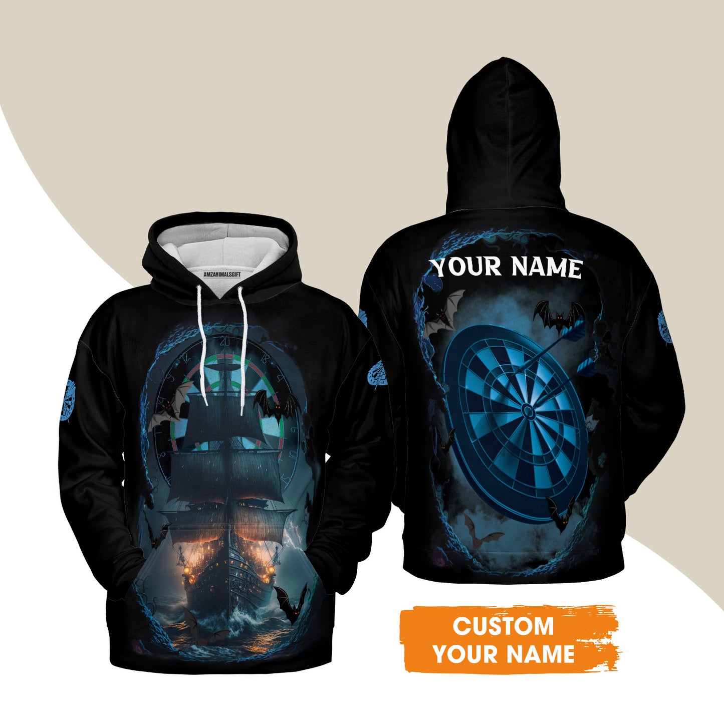 Darts Hoodie Customized Name, Sailboat & Bats Cave With Dartboard Hoodie - Gift For Darts Players, Darts Lovers