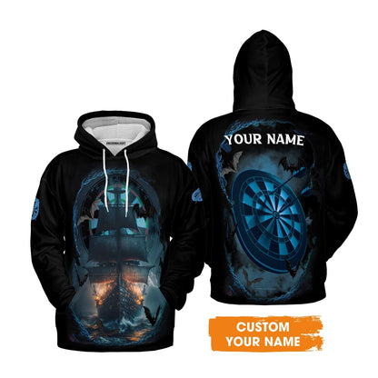 Darts T-Shirt Customized Name, Sailboat & Bats Cave With Dartboard T-Shirt - Gift For Darts Players, Darts Lovers