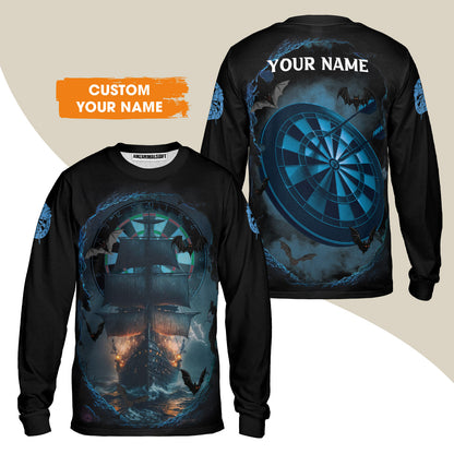 Darts Long Sleeve Shirt Customized Name, Sailboat & Bats Cave With Dartboard Long Sleeve Shirt - Gift For Darts Players, Darts Lovers