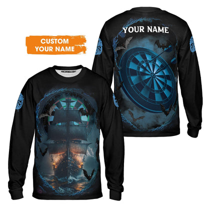 Darts T-Shirt Customized Name, Sailboat & Bats Cave With Dartboard T-Shirt - Gift For Darts Players, Darts Lovers