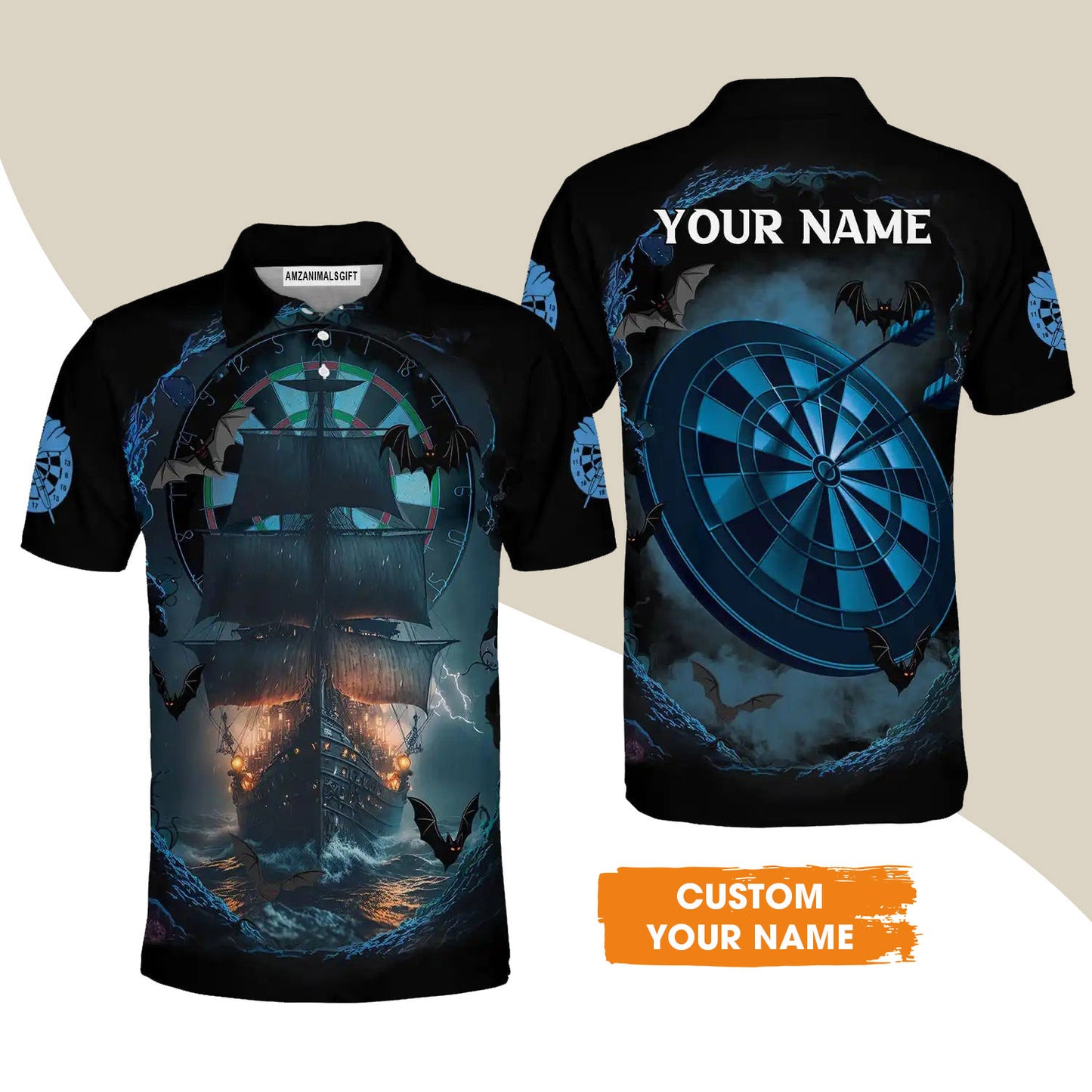 Darts Men Polo Shirt Customized Name, Sailboat And Bats Cave With Dartboard Polo Shirt - Gift For Darts Players Uniforms, Darts Lovers