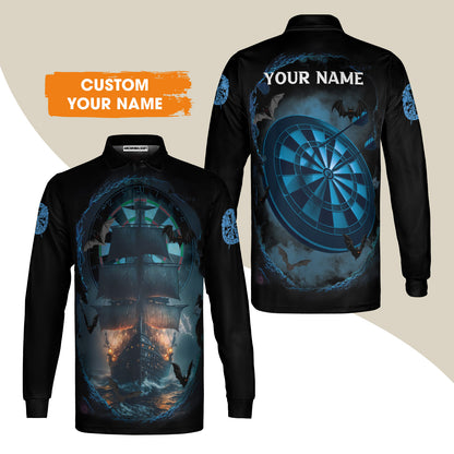 Darts Men's Long Sleeve Polo Shirt Customized Name, Sailboat & Bats Cave With Dartboard Long Sleeve Polo Shirt - Gift For Darts Players, Darts Lovers