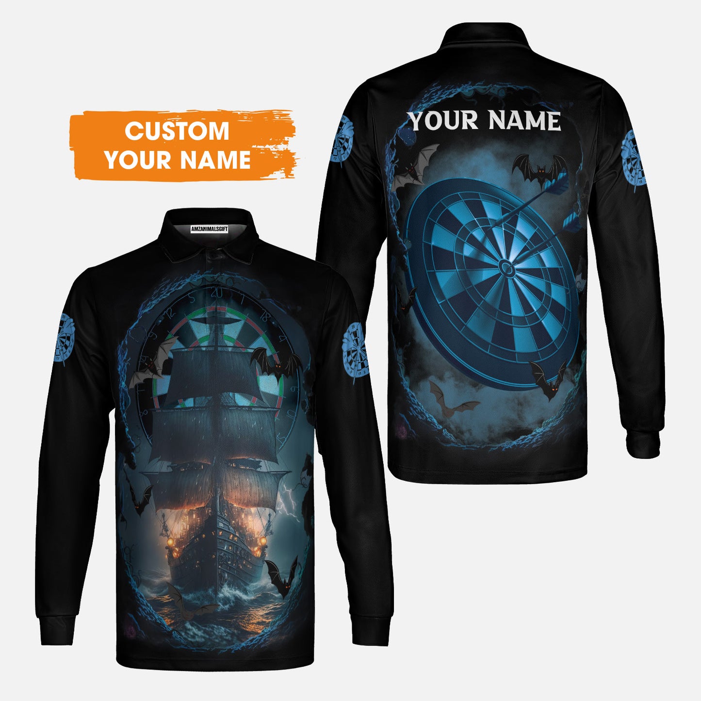 Darts Men Polo Shirt Customized Name, Sailboat And Bats Cave With Dartboard Polo Shirt - Gift For Darts Players Uniforms, Darts Lovers