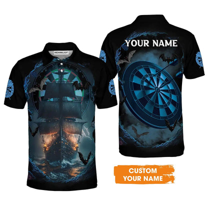 Darts T-Shirt Customized Name, Sailboat & Bats Cave With Dartboard T-Shirt - Gift For Darts Players, Darts Lovers