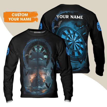 Darts Sweatshirt Customized Name, Sailboat & Bats Cave With Dartboard Sweatshirt - Gift For Darts Players, Darts Lovers