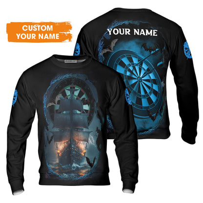 Darts T-Shirt Customized Name, Sailboat & Bats Cave With Dartboard T-Shirt - Gift For Darts Players, Darts Lovers