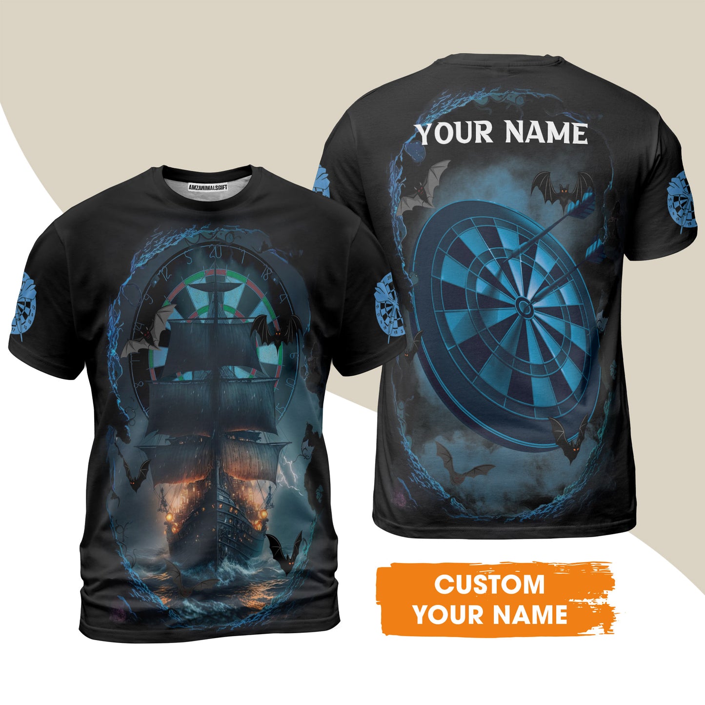 Darts T-Shirt Customized Name, Sailboat & Bats Cave With Dartboard T-Shirt - Gift For Darts Players, Darts Lovers