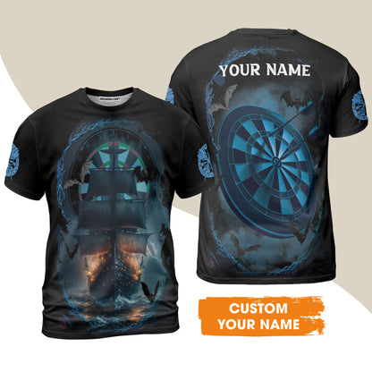 Darts T-Shirt Customized Name, Sailboat & Bats Cave With Dartboard T-Shirt - Gift For Darts Players, Darts Lovers