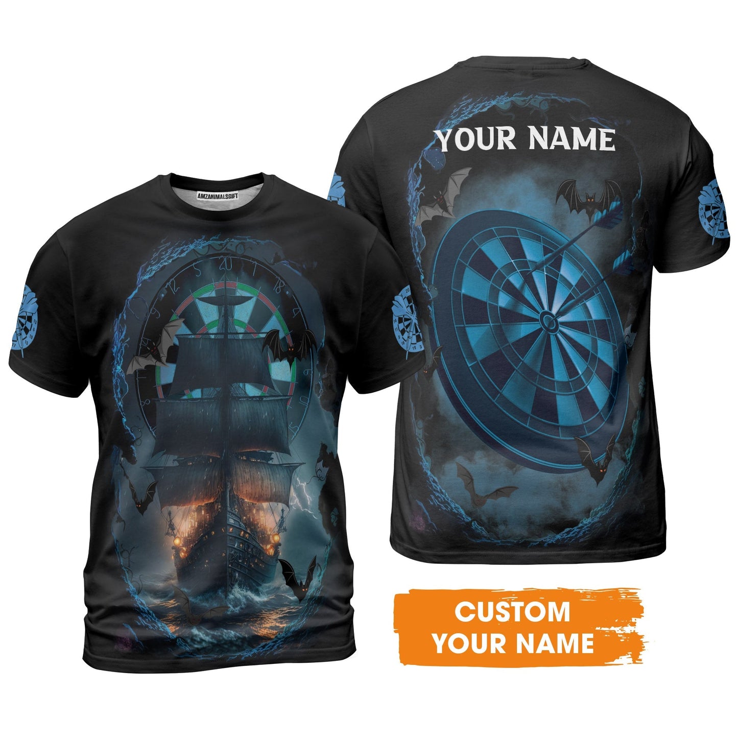 Darts T-Shirt Customized Name, Sailboat & Bats Cave With Dartboard T-Shirt - Gift For Darts Players, Darts Lovers