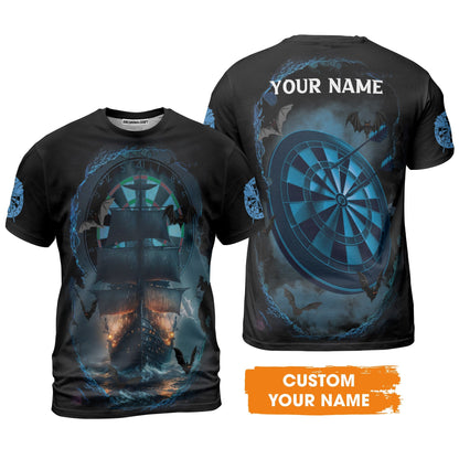 Darts T-Shirt Customized Name, Sailboat & Bats Cave With Dartboard T-Shirt - Gift For Darts Players, Darts Lovers
