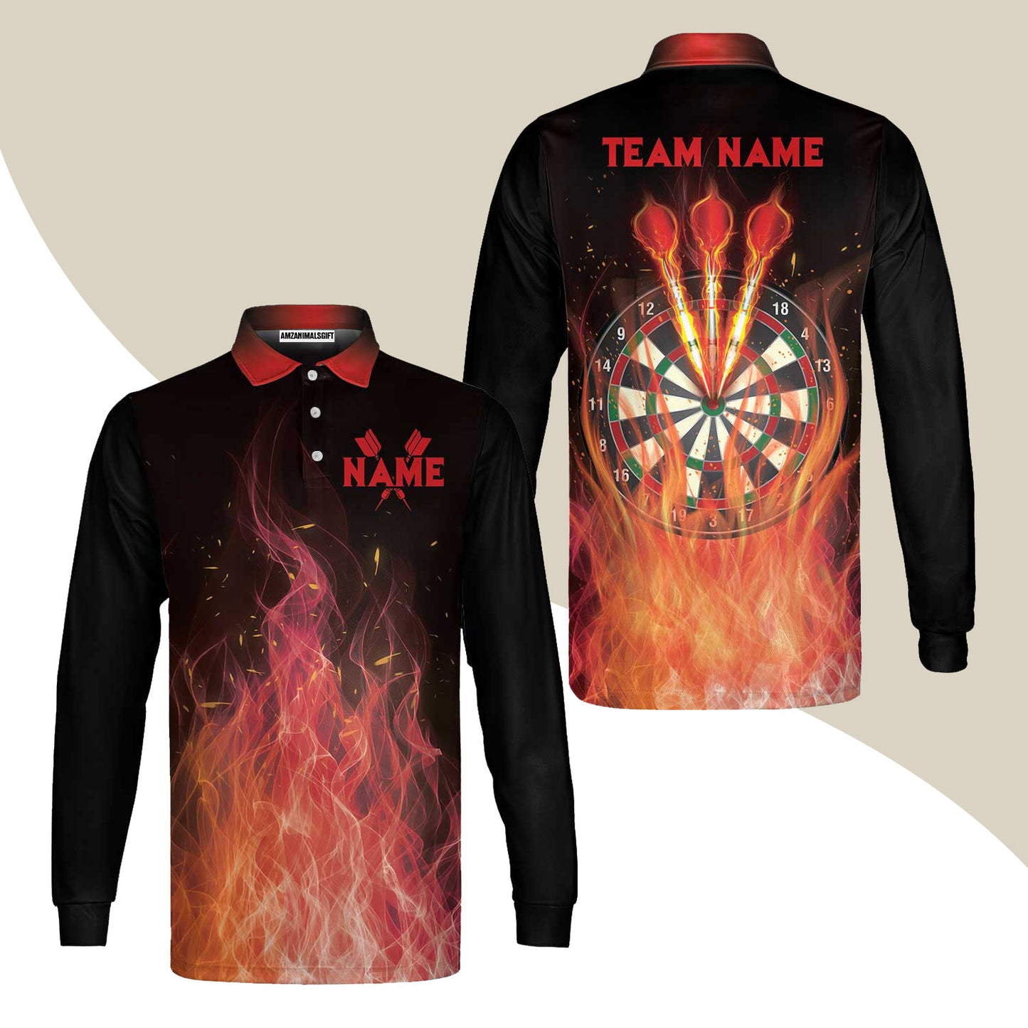 Darts Men's Long Sleeve Polo Shirt Custom Name And Team Name, Darts Flame Player Uniform, Personalized Shirt For Darts Lovers, Darts Players