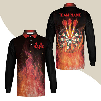 Darts Men's Long Sleeve Polo Shirt Custom Name And Team Name, Darts Flame Player Uniform, Personalized Shirt For Darts Lovers, Darts Players