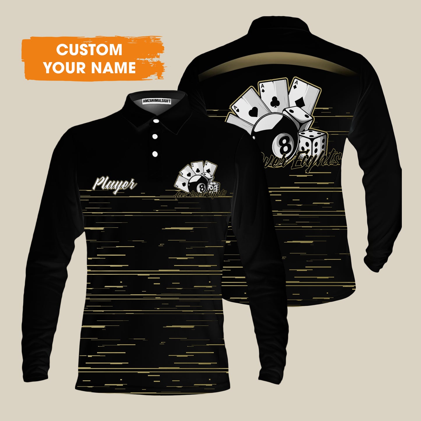 Aces Over Eights 8 Ball Pool Billiards Custom Name Men's Long Sleeve Polo Shirt, Personalized 8 Ball Pool Men's Long Sleeve Polo Shirt, Gift For Billiards Player