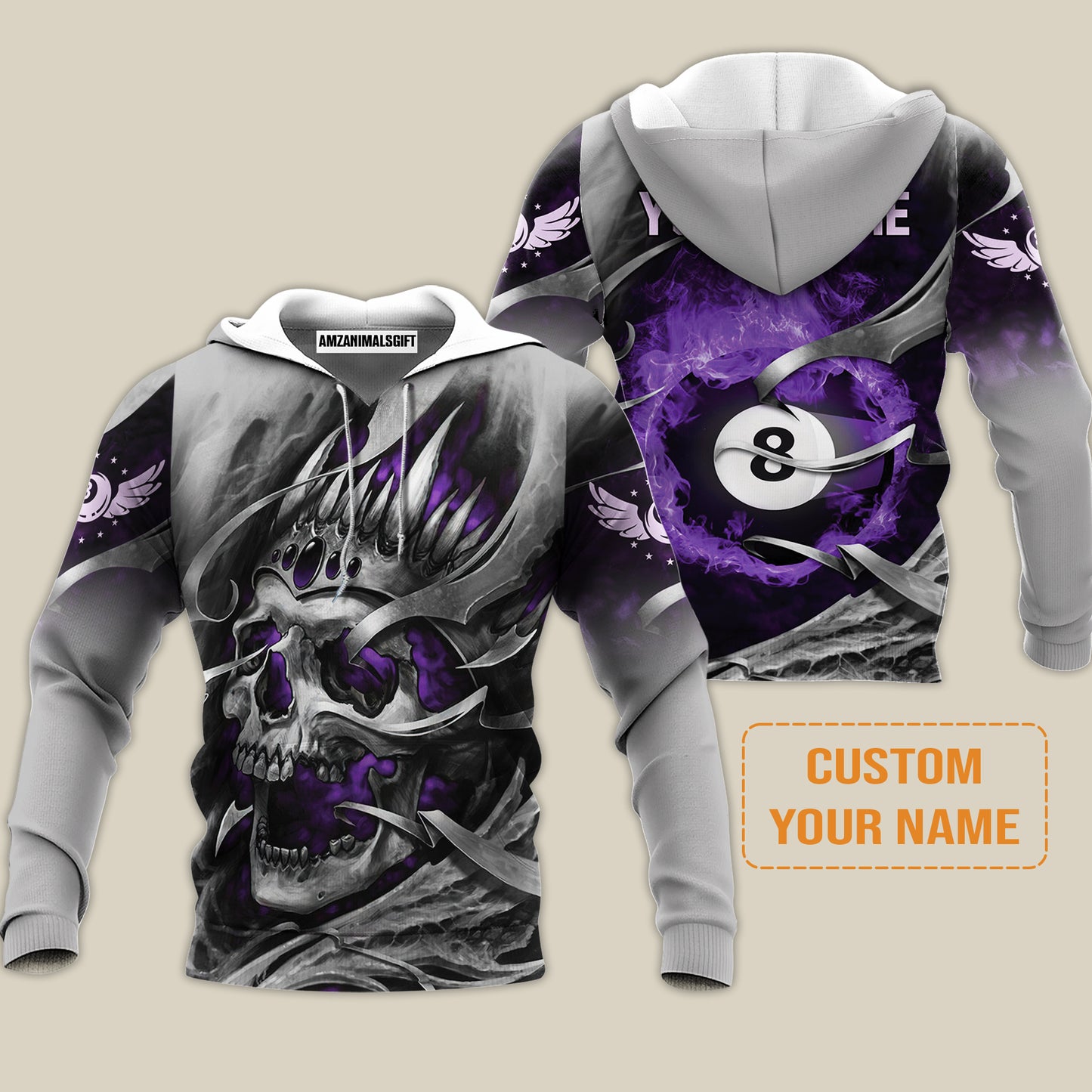 Ball Billiards Custom Name Hoodie, Personalized Billiards Skull Flaming Purple Hoodie - Best Gift For Billiards Lovers