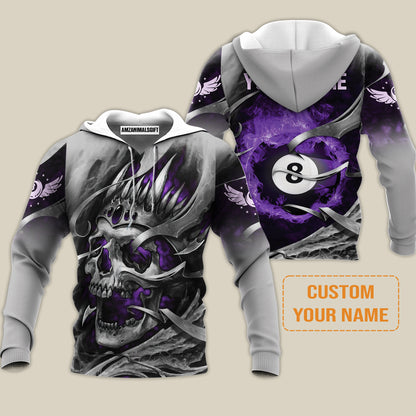 Ball Billiards Custom Name Hoodie, Personalized Billiards Skull Flaming Purple Hoodie - Best Gift For Billiards Lovers