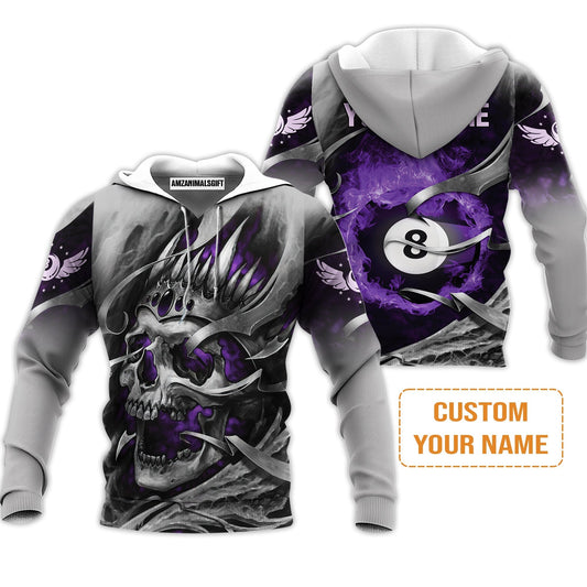 Ball Billiards Custom Name Hoodie, Personalized Billiards Skull Flaming Purple Hoodie - Best Gift For Billiards Lovers