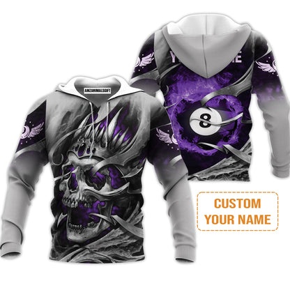 Ball Billiards Custom Name Men's Long Sleeve Polo Shirt, Personalized Billiards Skull Flaming Purple Long Sleeve Polo Shirt - Best Gift For Billiards Lovers