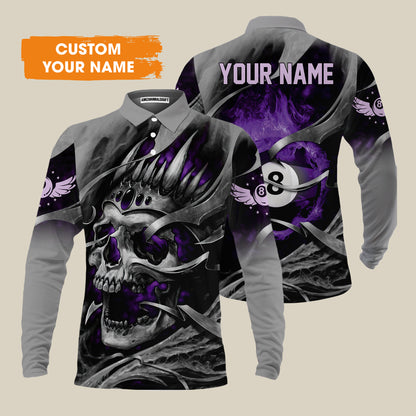 Ball Billiards Custom Name Men's Long Sleeve Polo Shirt, Personalized Billiards Skull Flaming Purple Long Sleeve Polo Shirt - Best Gift For Billiards Lovers