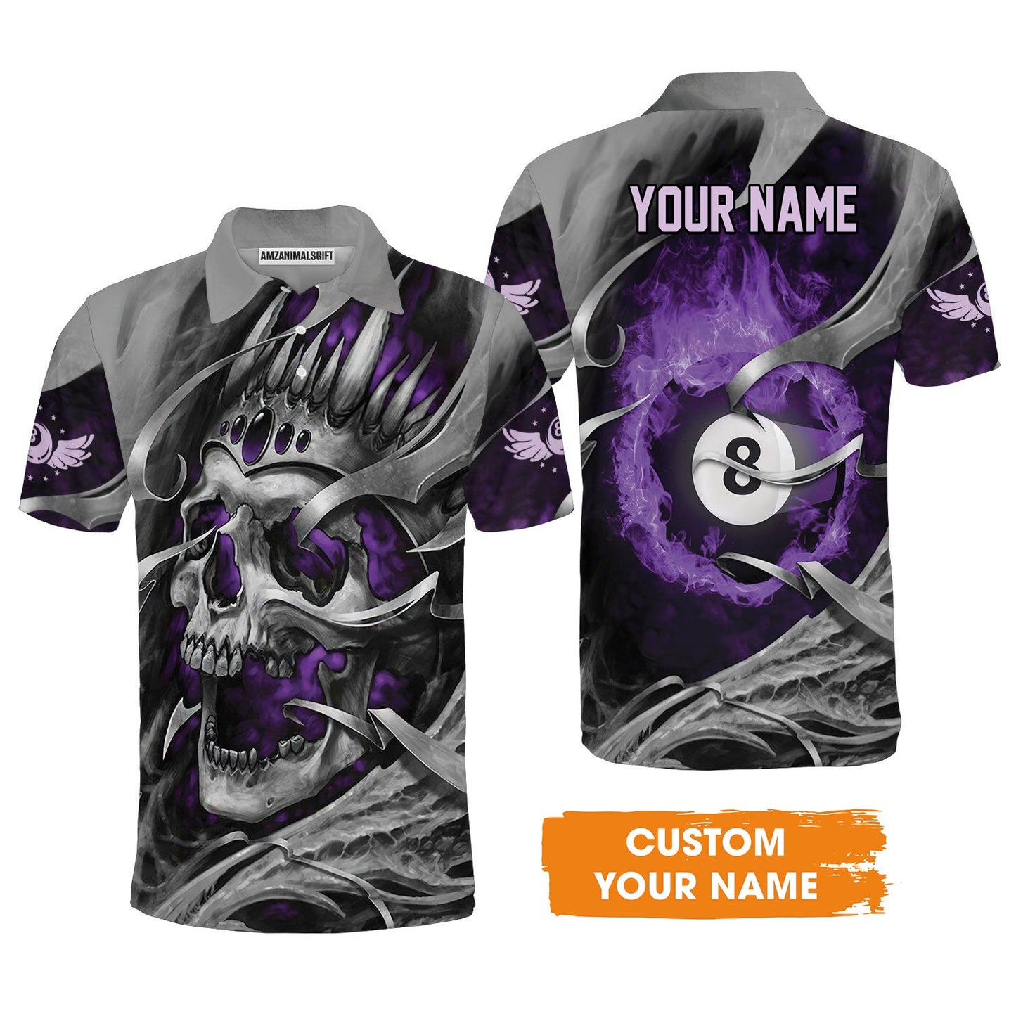 Ball Billiards Custom Name Men's Long Sleeve Polo Shirt, Personalized Billiards Skull Flaming Purple Long Sleeve Polo Shirt - Best Gift For Billiards Lovers