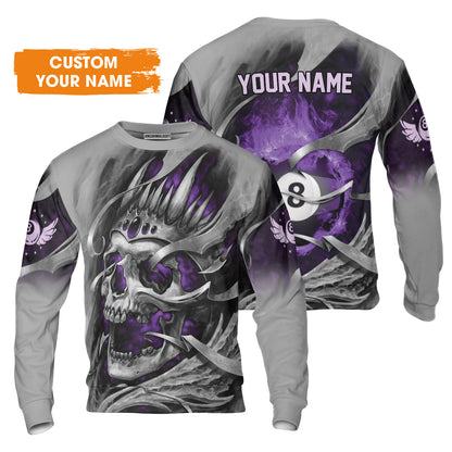Ball Billiards Custom Name Men's Long Sleeve Polo Shirt, Personalized Billiards Skull Flaming Purple Long Sleeve Polo Shirt - Best Gift For Billiards Lovers