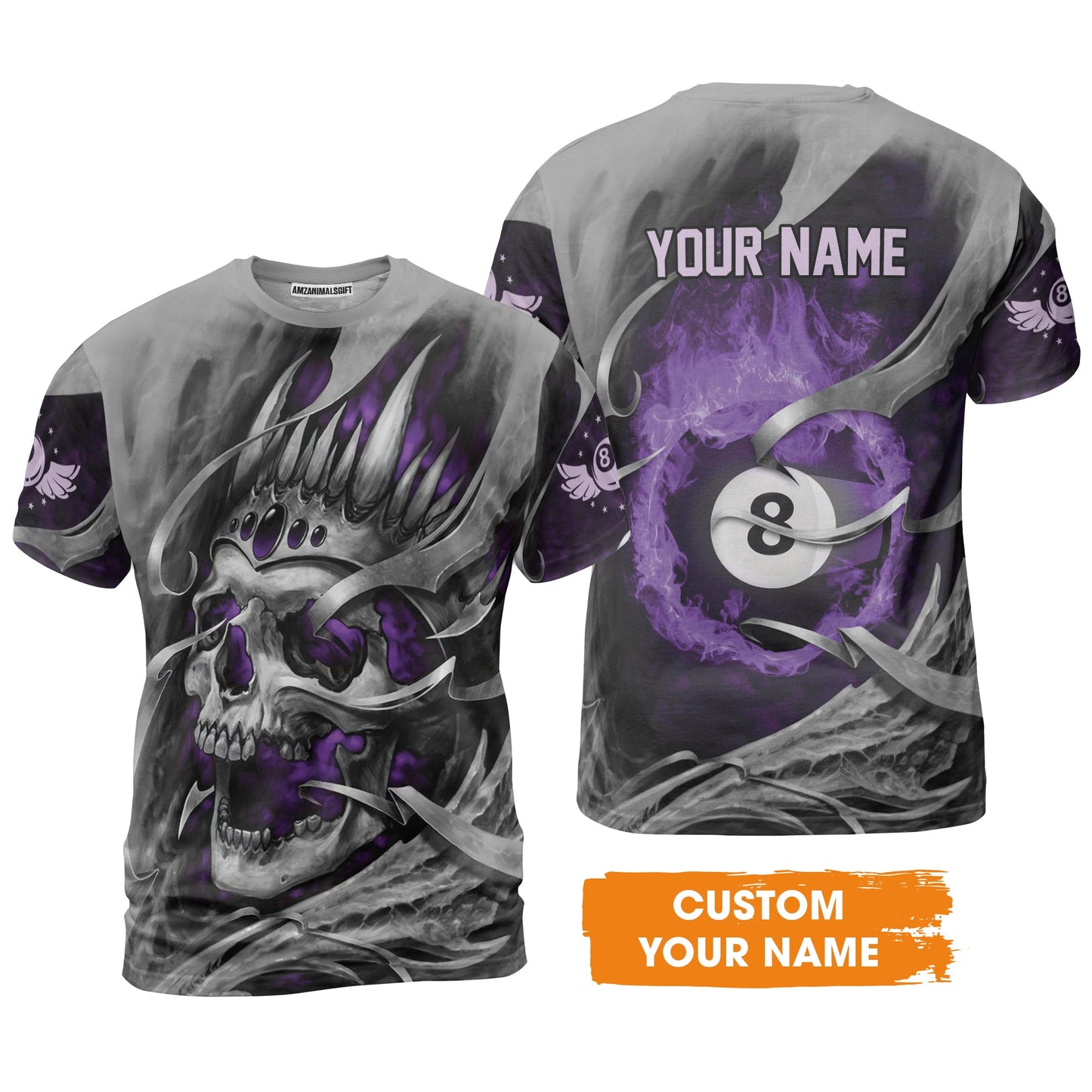 Ball Billiards Custom Name Men's Long Sleeve Polo Shirt, Personalized Billiards Skull Flaming Purple Long Sleeve Polo Shirt - Best Gift For Billiards Lovers