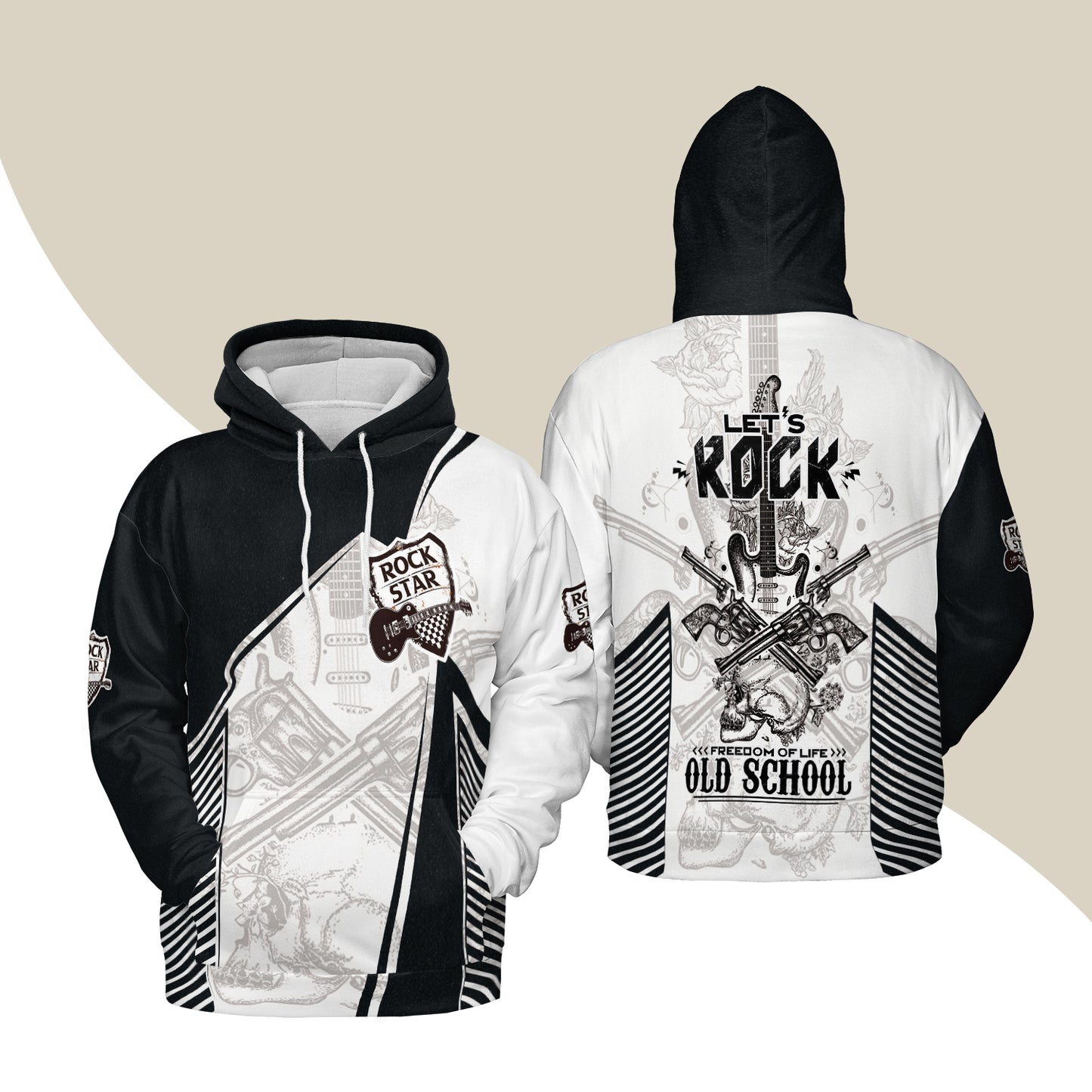 Black And White Guitar Hoodie, Let's Rock Freedom Of Life Old School Guitar Hoodie