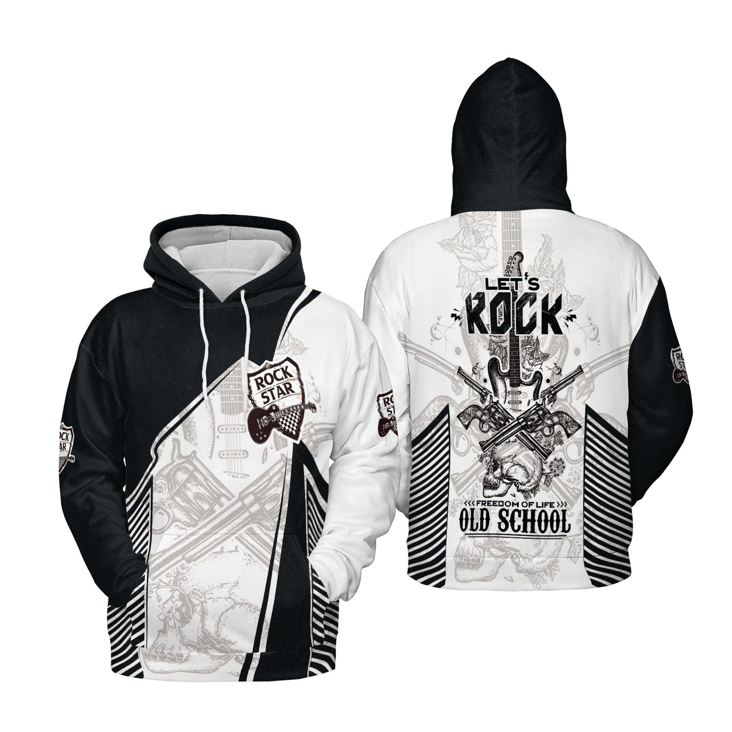 Black And White Guitar Men Long Sleeve Polo, Let's Rock Freedom Of Life Old School Guitar Long Sleeve Polo