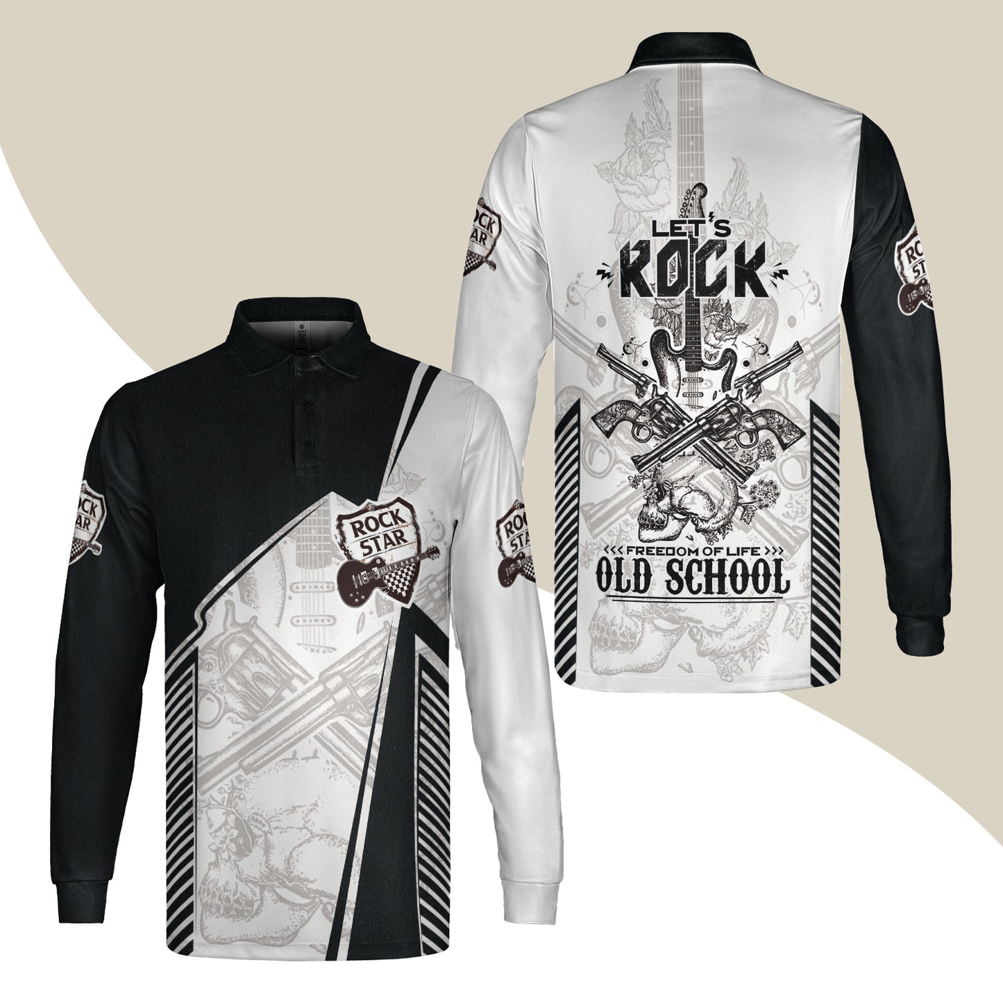 Black And White Guitar Men Long Sleeve Polo, Let's Rock Freedom Of Life Old School Guitar Long Sleeve Polo