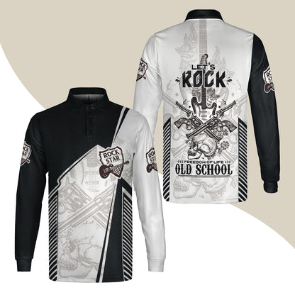 Black And White Guitar Men Long Sleeve Polo, Let's Rock Freedom Of Life Old School Guitar Long Sleeve Polo