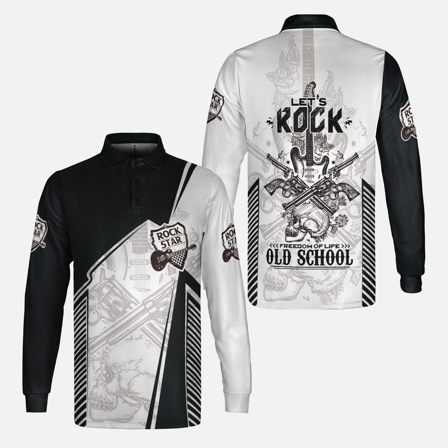 Black And White Guitar Men Polo Shirt, Let's Rock Freedom Of Life Old School Guitar Short Sleeve Shirt For Male