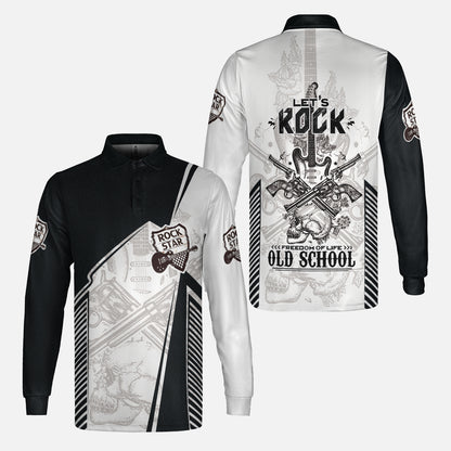 Black And White Guitar Men Polo Shirt, Let's Rock Freedom Of Life Old School Guitar Short Sleeve Shirt For Male