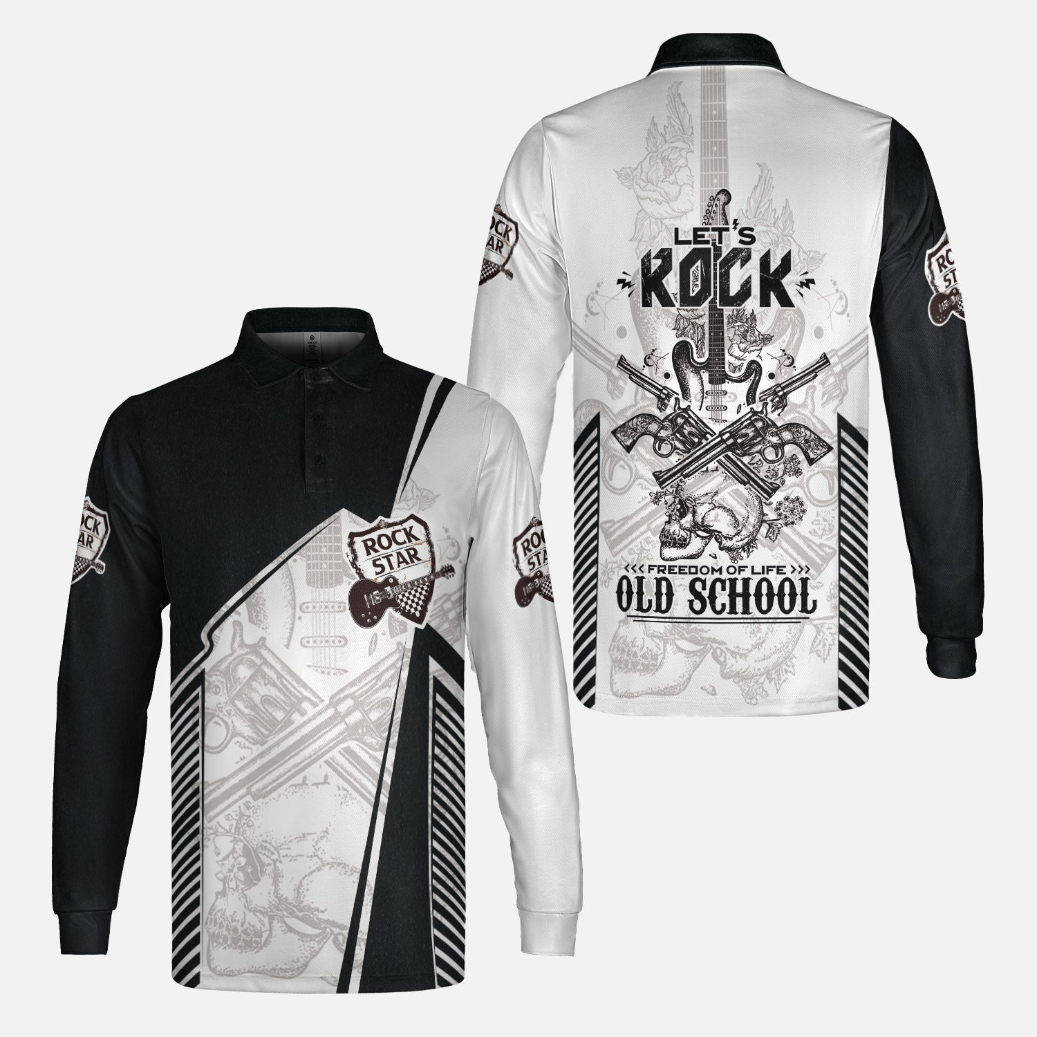 Black And White Guitar Men Long Sleeve Polo, Let's Rock Freedom Of Life Old School Guitar Long Sleeve Polo