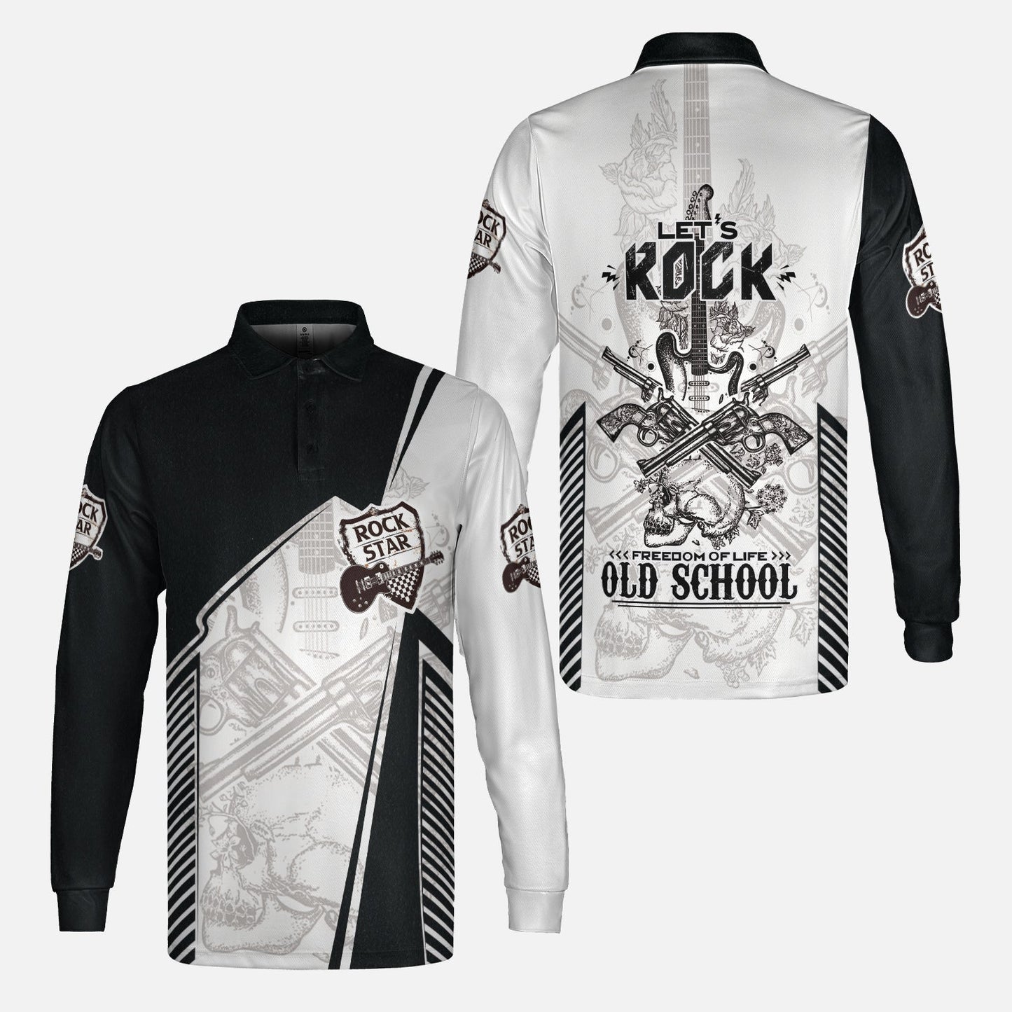 Black And White Guitar Long Sleeve Shirt, Let's Rock Freedom Of Life Old School Guitar Long Sleeve Shirt