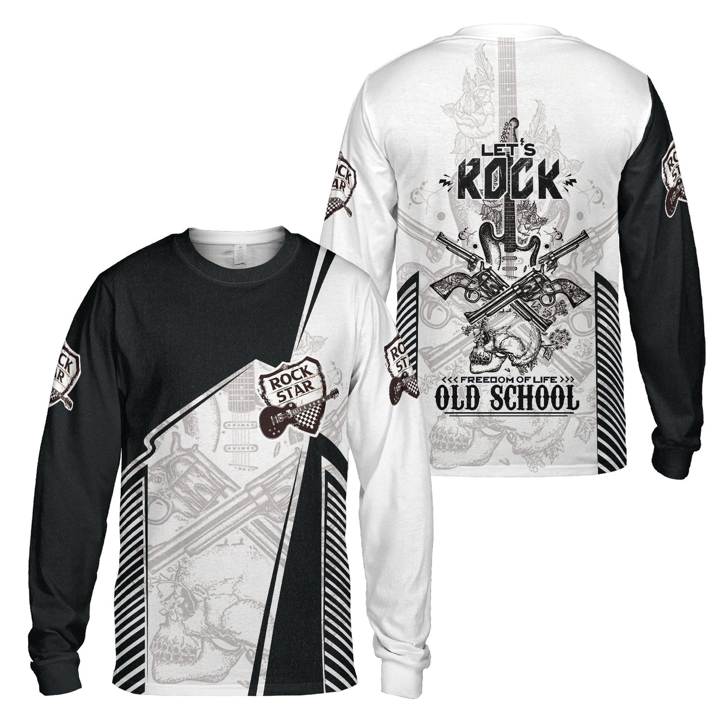 Black And White Guitar Men Long Sleeve Polo, Let's Rock Freedom Of Life Old School Guitar Long Sleeve Polo