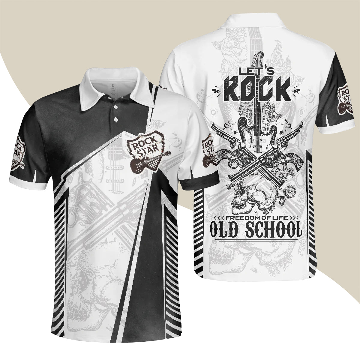 Black And White Guitar Men Polo Shirt, Let's Rock Freedom Of Life Old School Guitar Short Sleeve Shirt For Male