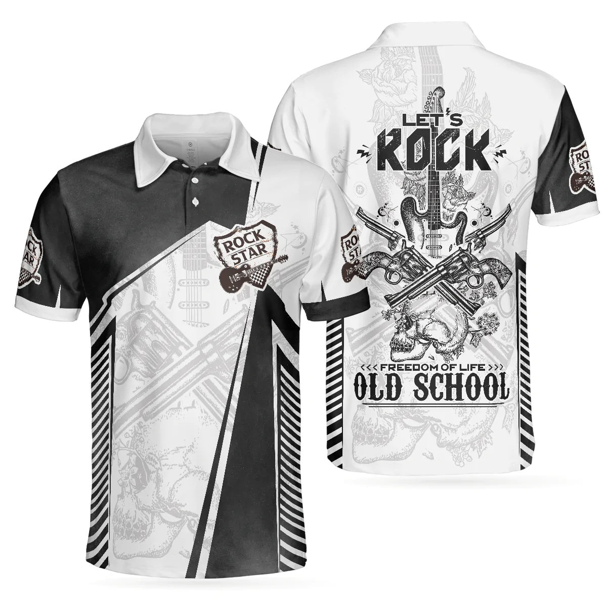 Black And White Guitar Men Polo Shirt, Let's Rock Freedom Of Life Old School Guitar Short Sleeve Shirt For Male