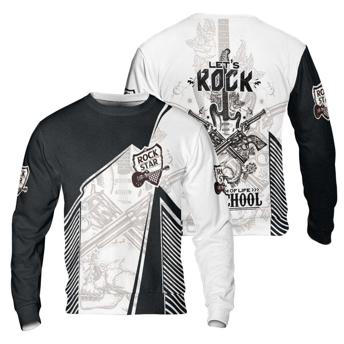 Black And White Guitar Men Long Sleeve Polo, Let's Rock Freedom Of Life Old School Guitar Long Sleeve Polo