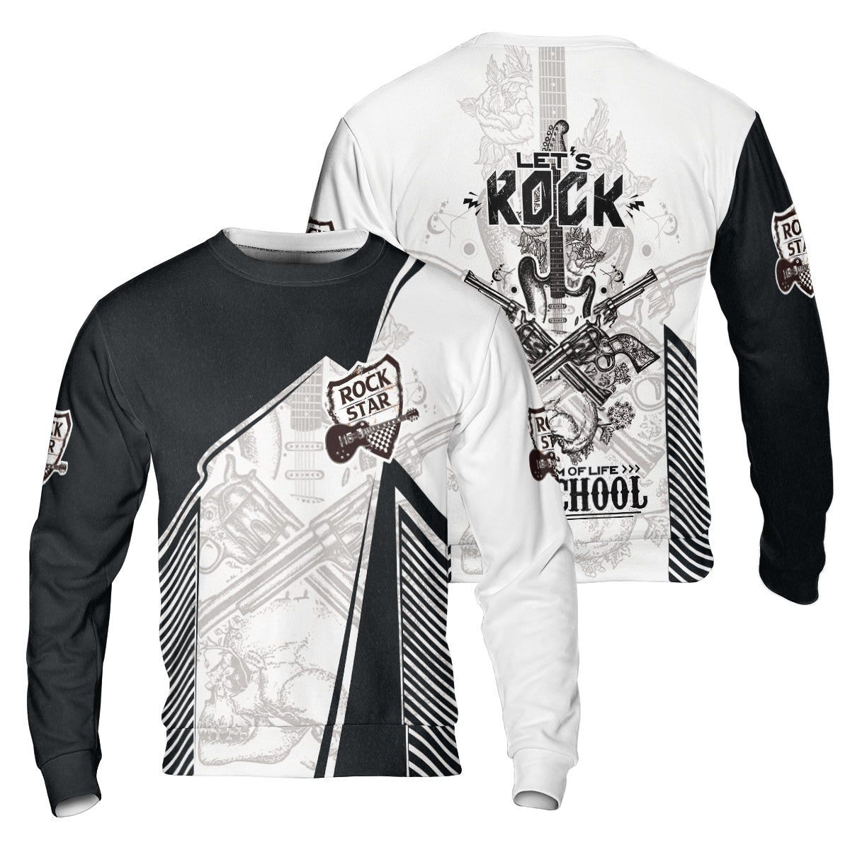 Black And White Guitar Sweatshirt, Let's Rock Freedom Of Life Old School Guitar Sweatshirt